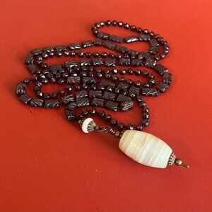 Garnet Necklace with Vintage Agate Pendant, Hand Knotted Gemstones